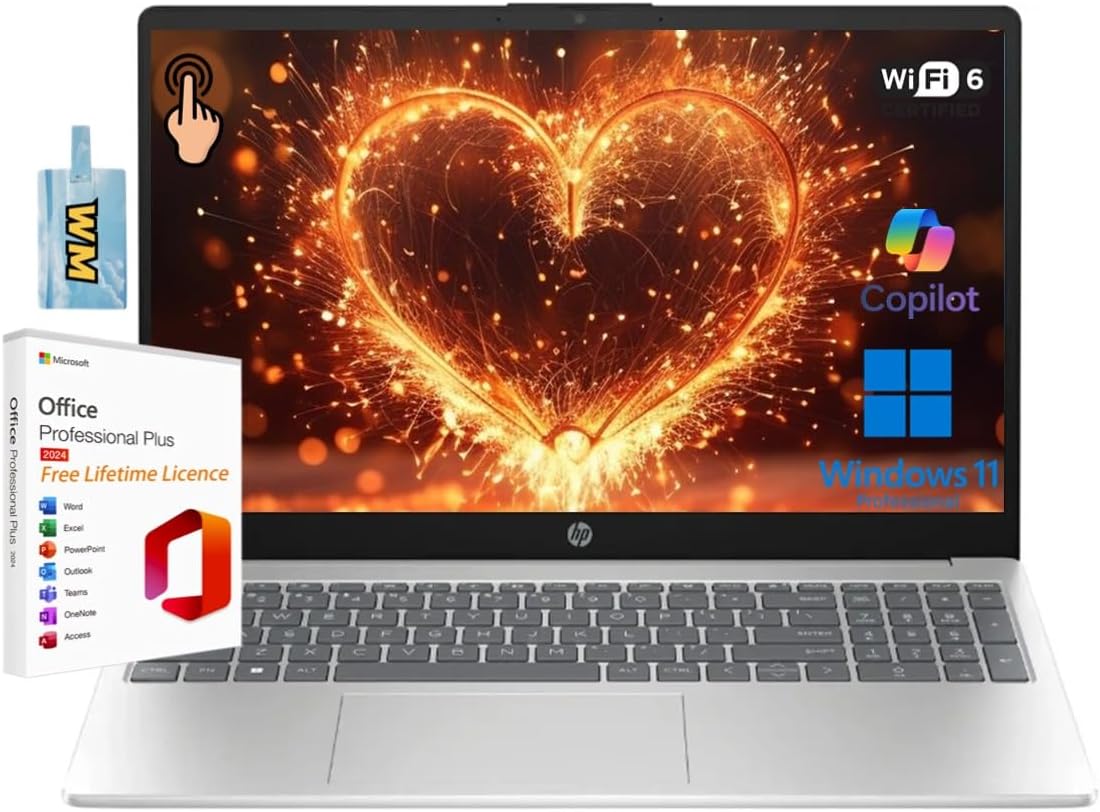 Laptop, 15 in Laptop HD Touchscreen Business Laptop Computer, Intel Core i3-1215U, Windows 11 Pro Laptop with Lifetime Office 2024, AI Copilot, Silver (16GB RAM | 512GB SSD)
