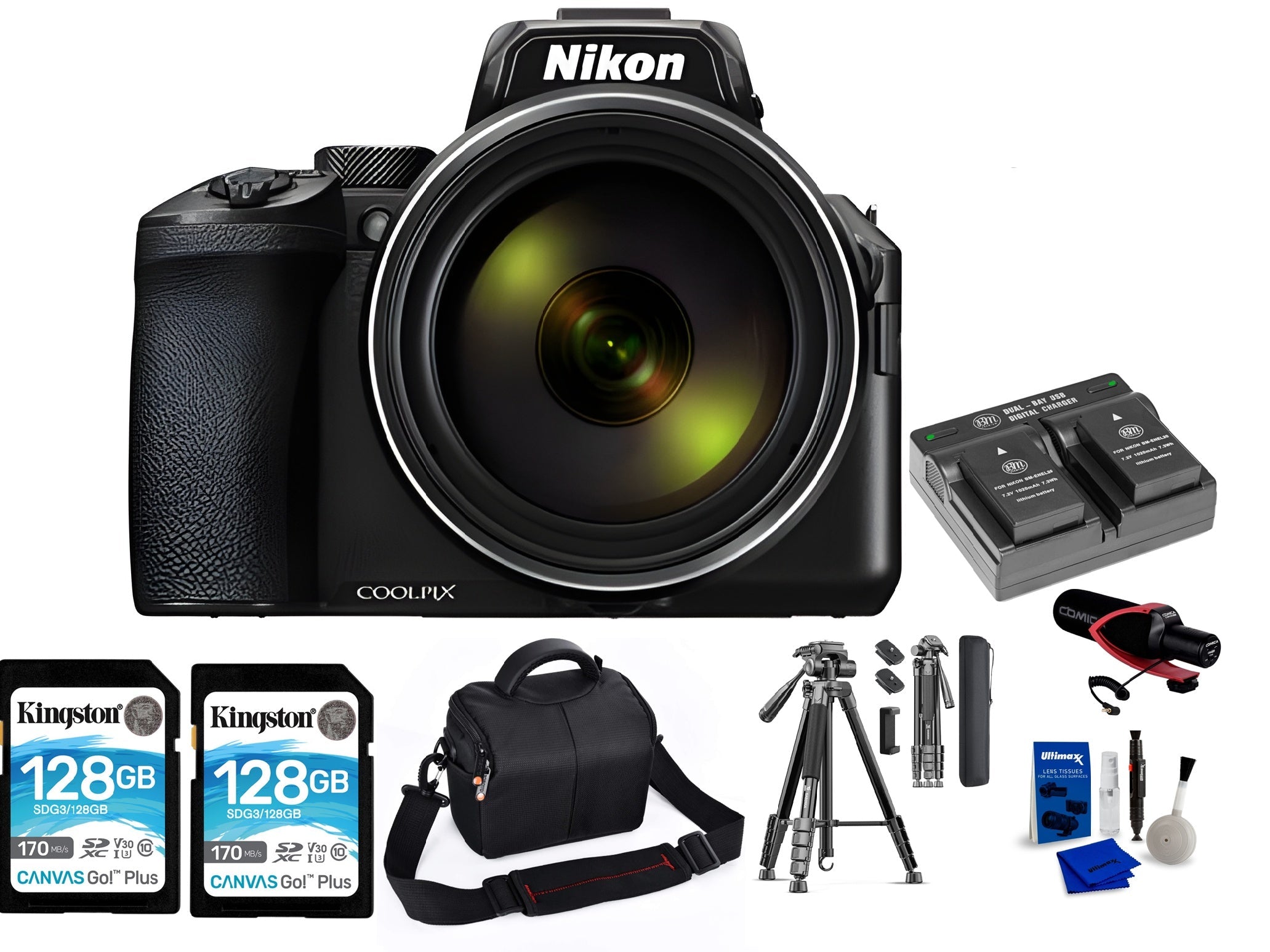 Nikon COOLPIX P1100 Digital Camera + 2 x 128 GB MC + Tripod Essential Bundle - Buy Direct & Save
