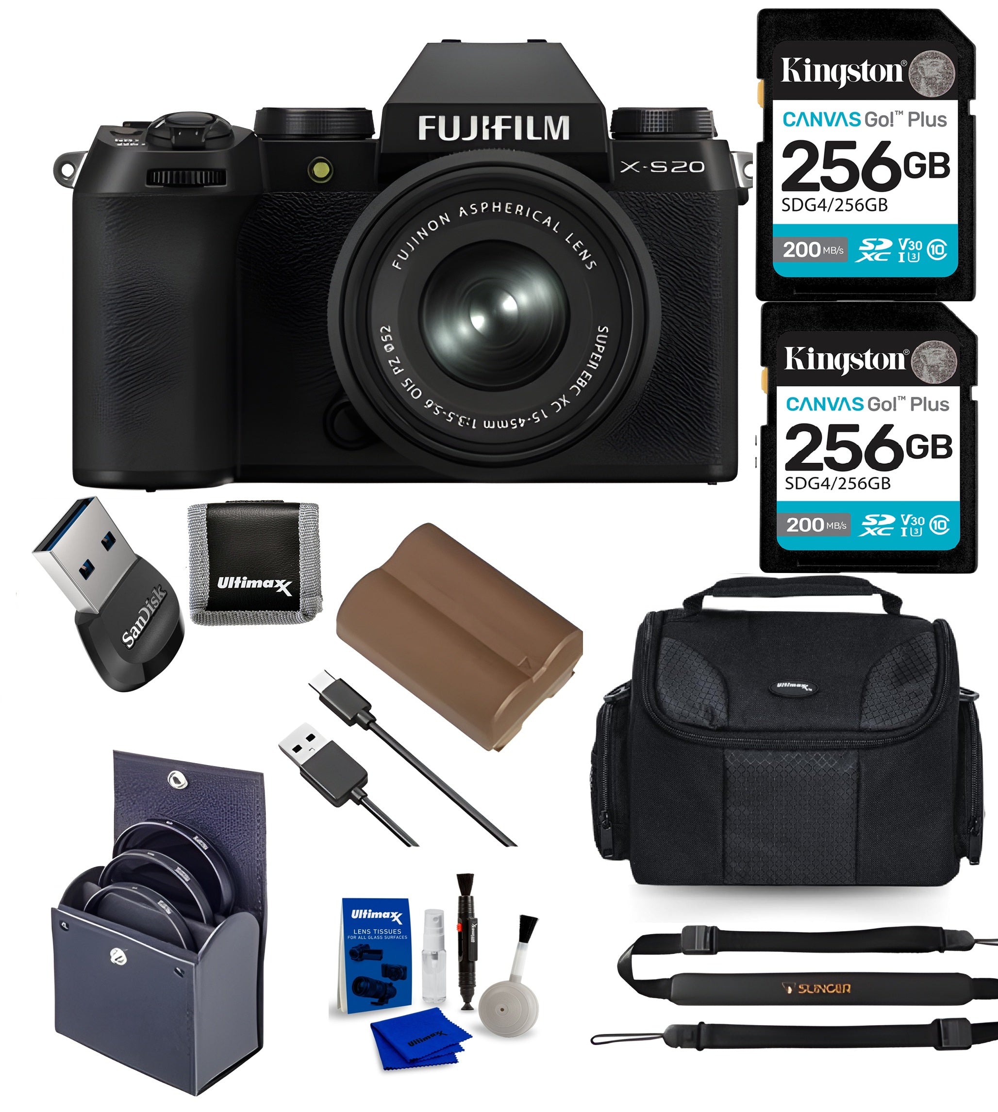 Fujifilm X-S20 Mirrorless Camera with XC 15-45mm f/3.5-5.6 OIS PZ Lens, Bundle with 2x 256GB Memory Card and Battery, 52mm Filter Kit and Shoulder Bag + More