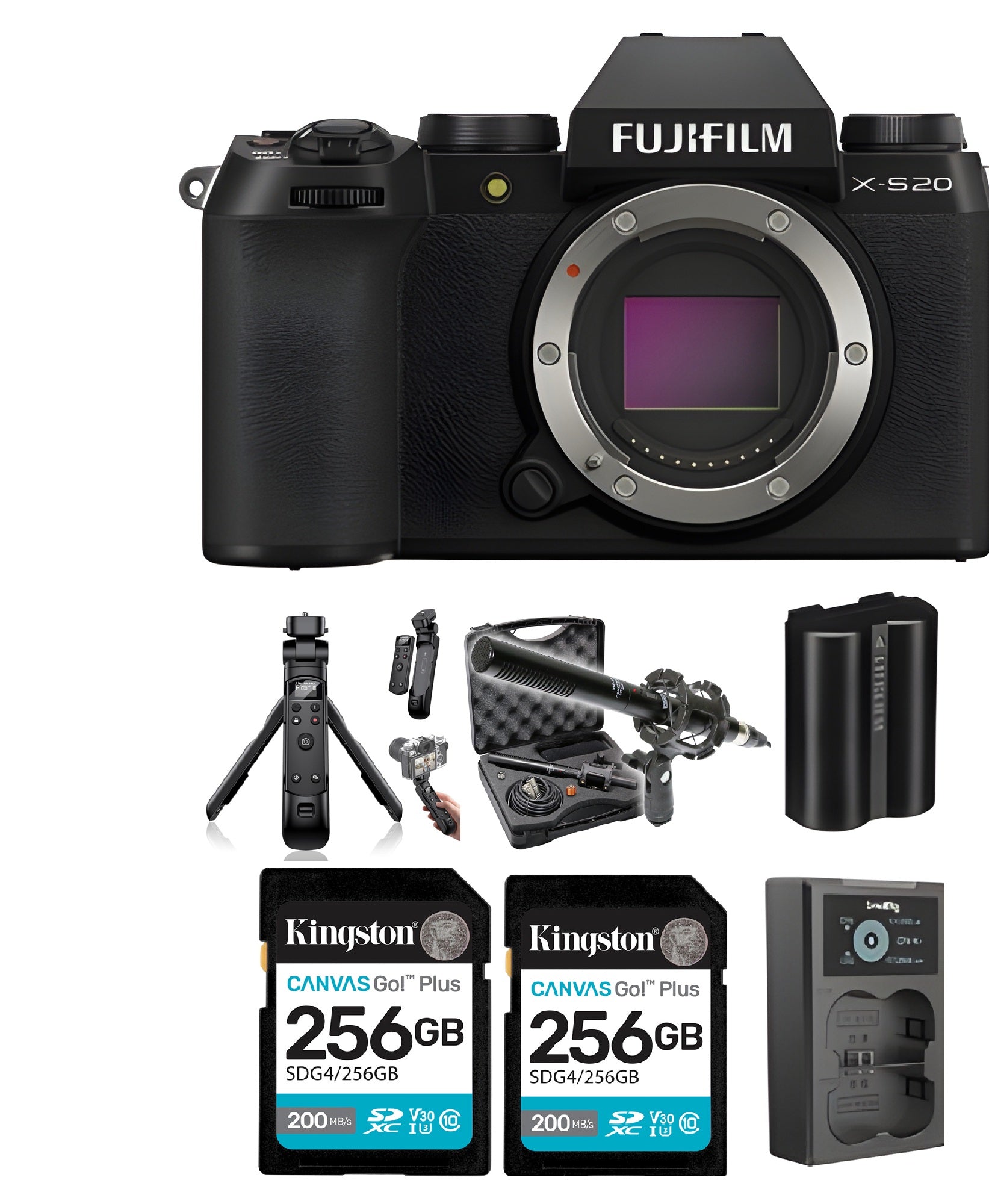 FUJIFILM X-S20 Mirrorless Camera and Content Creation Kit with Fujifilm Tripod Wireless Shooting Grip + More