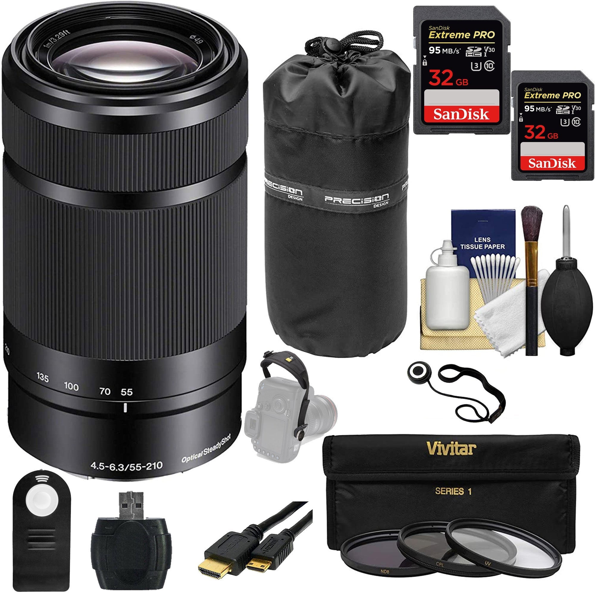Sony E 55-210mm f/4.5-6.3 OSS E-Mount Lens OSS (Black) with (2) 32GB Sandisk Extreme pro Memory Card, Filter Kit, Hand Strap, Card reader, Universal Remote, Cap keeper, Cleaning Kit &amp; Case Bundle