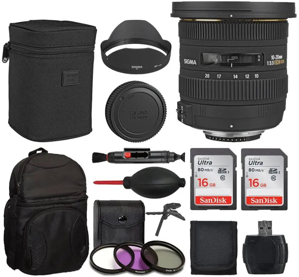 Sigma 10-20mm f/3.5 EX DC HSM Autofocus Zoom Lens For Canon Deluxe Backpack 32GB Memory Card Tabletop/Handgrip Tripod USB Card Reader Card Wallet Dust Blower Lens Cleaning Pen