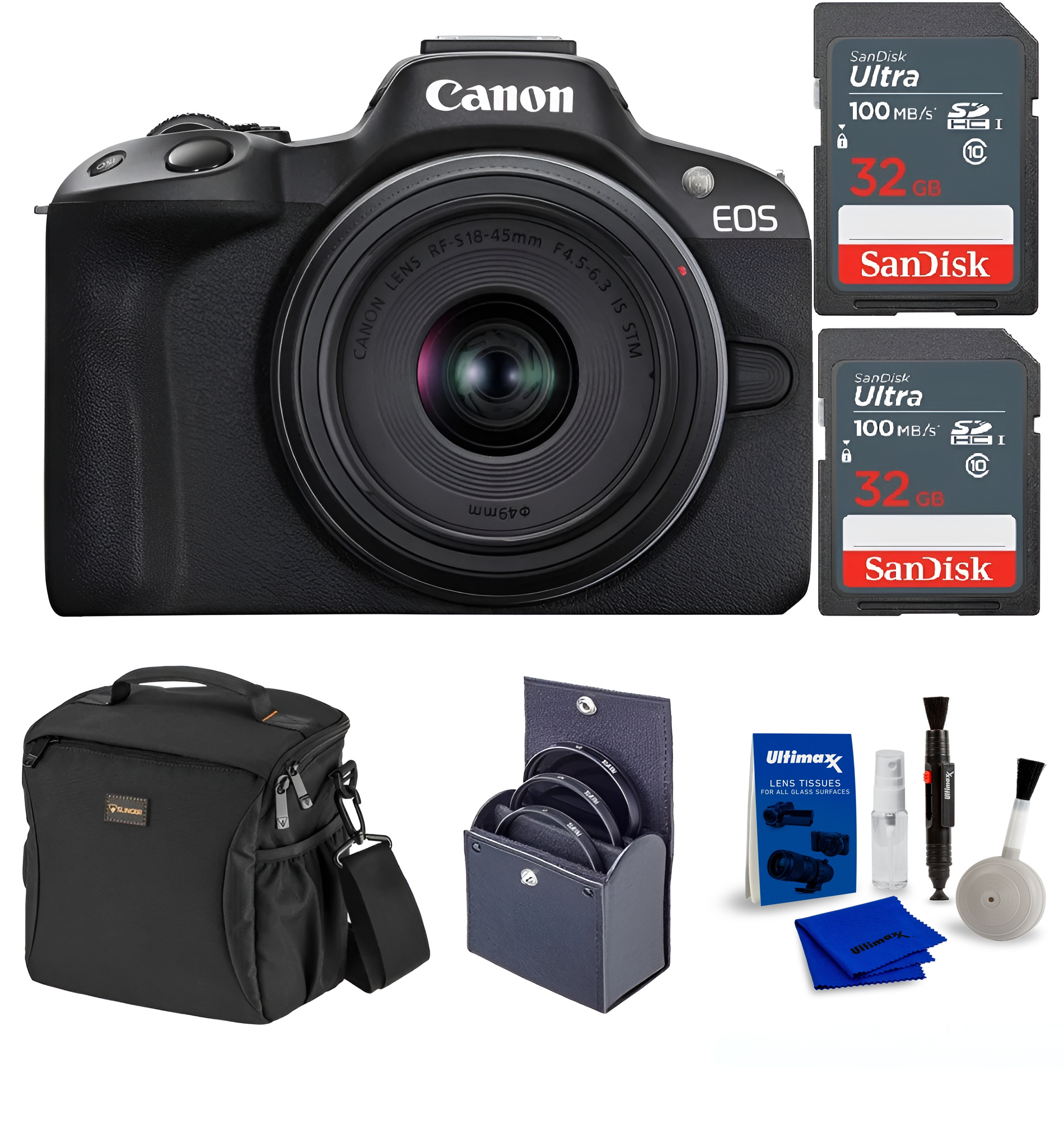 Canon EOS R50 Mirrorless Camera, Black with RF-S 18-45mm f/4.5-6.3 IS STM Lens, + 2 x 32GB SD Card, Shoulder Bag, 49mm Filter Kit, Cleaning Kit