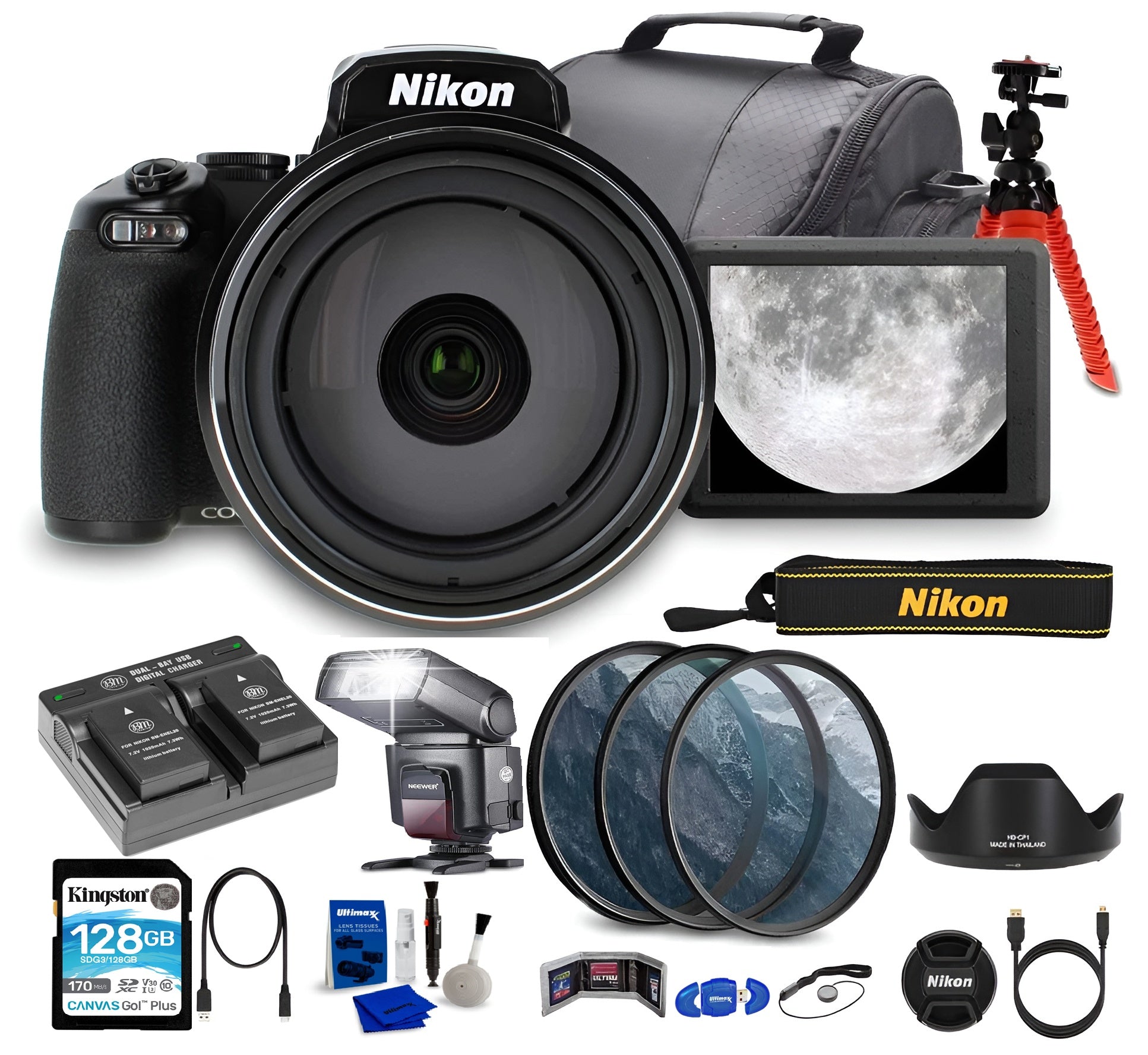 Nikon COOLPIX P1100 125x Super Zoom Compact Digital Camera + 128 GB Memory Card + Speedlight + Battery & Charger Pack Bundle - Buy Direct & Save